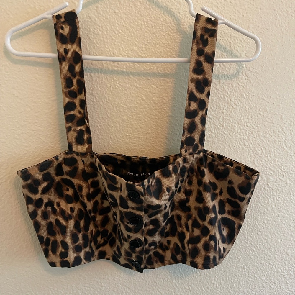 Reformation leopard Print Button-Up Crop Top